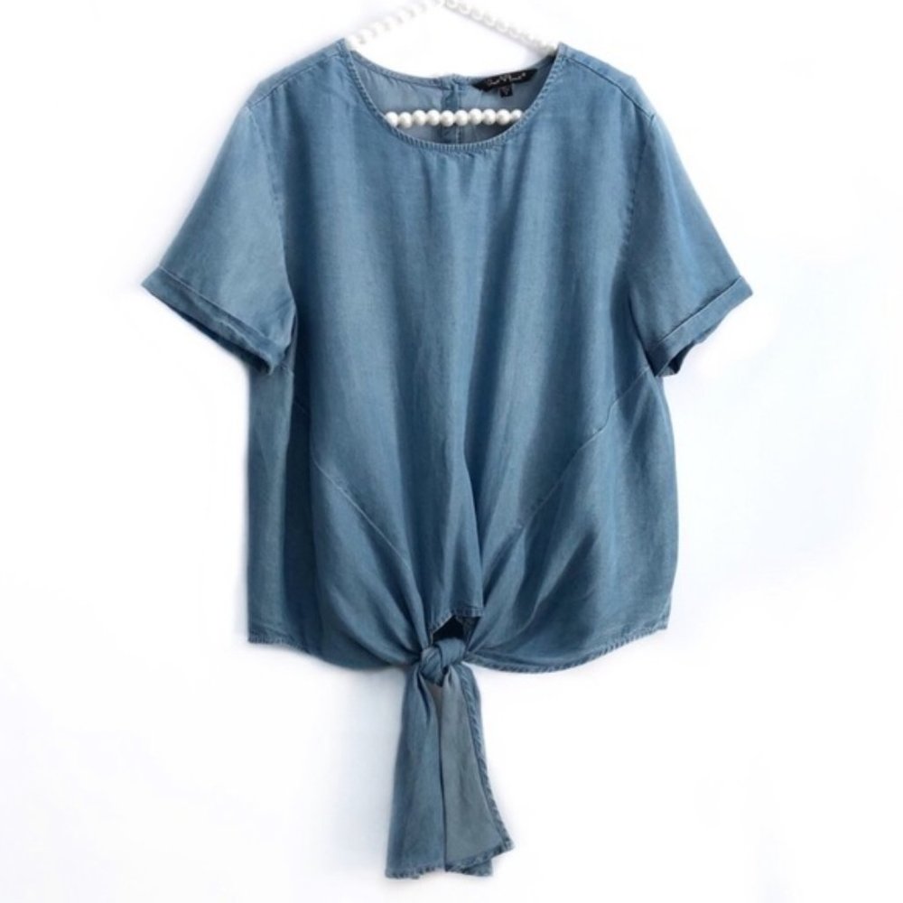 🎃Velvet Heart Tencel Chambray Denim Tie Front Top